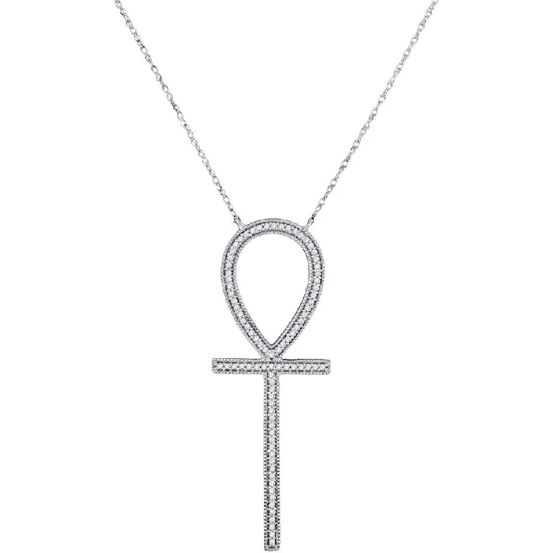 vintage crystal pendant necklace for evening wear-10kt White Gold Womens Round Diamond Ankh Cross Necklace 1/4 Cttw