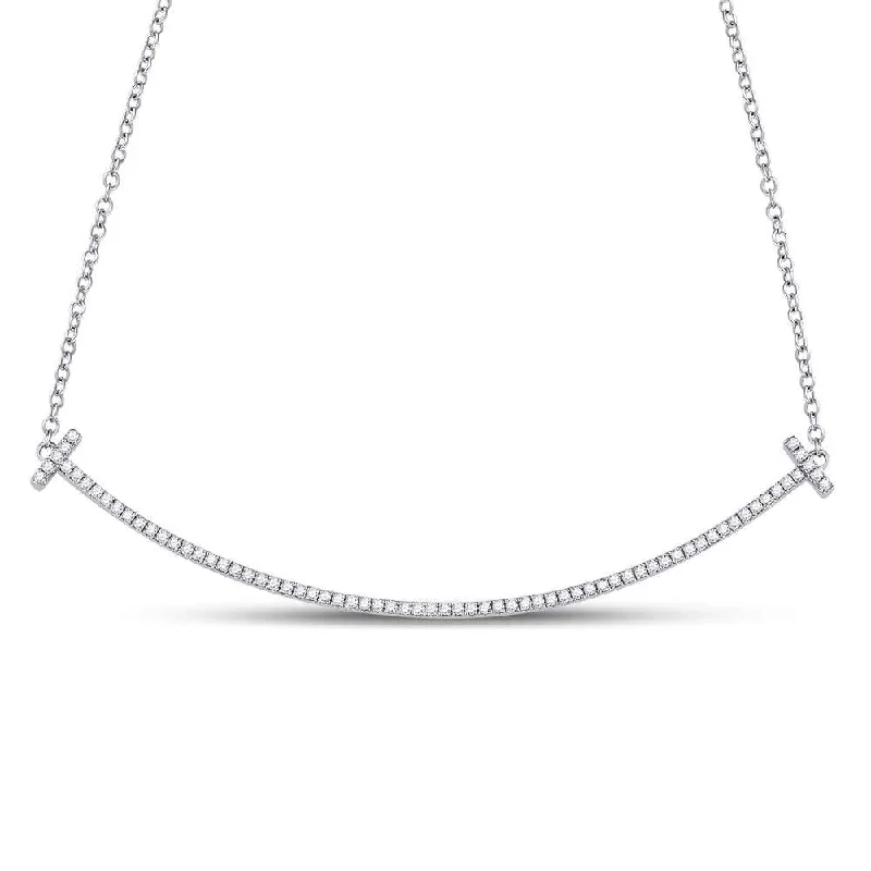 bohemian crystal necklace for festival wear-10kt White Gold Womens Round Diamond Curved Bar Necklace 1/3 Cttw