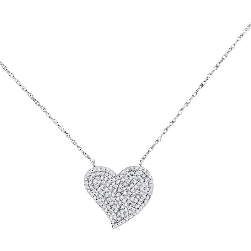 custom engraved pendant necklace for women-10kt White Gold Womens Round Diamond Heart Necklace 1/3 Cttw