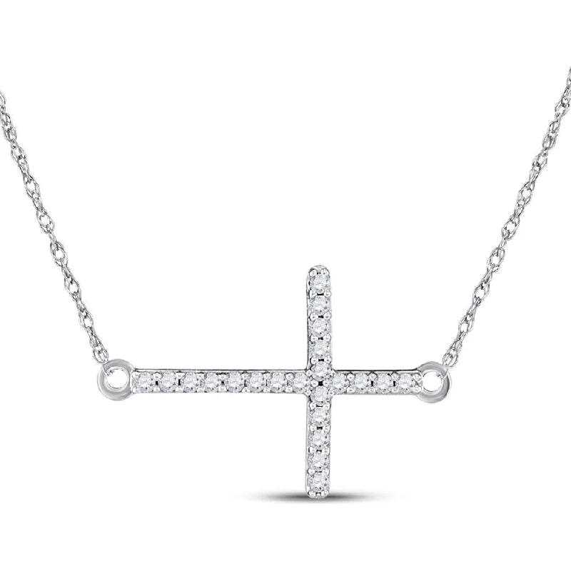 personalized name necklace with gemstone pendant-10kt White Gold Womens Round Diamond Horizontal Cross Necklace 1/20 Cttw