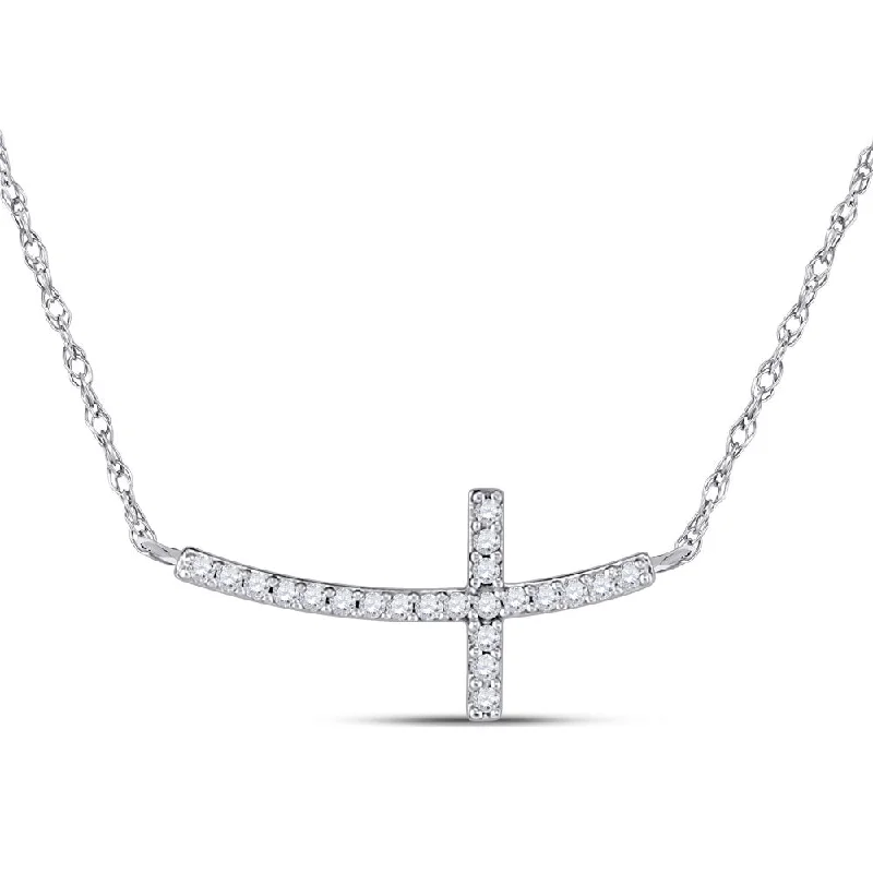 gold pendant necklace for layered look-10kt White Gold Womens Round Diamond Horizontal Cross Necklace 1/20 Cttw