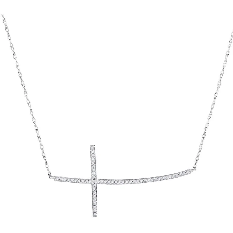 minimalist pearl necklace for daily wear-10kt White Gold Womens Round Diamond Horizontal Cross Necklace 1/6 Cttw