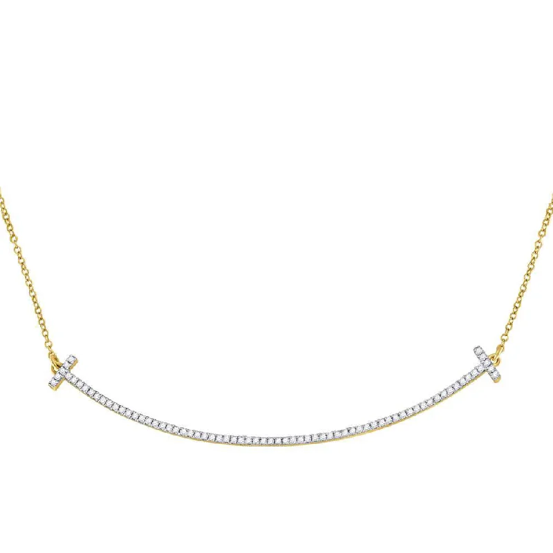 silver and gold necklace for casual style-10kt Yellow Gold Womens Round Diamond Curved Bar Necklace 1/3 Cttw