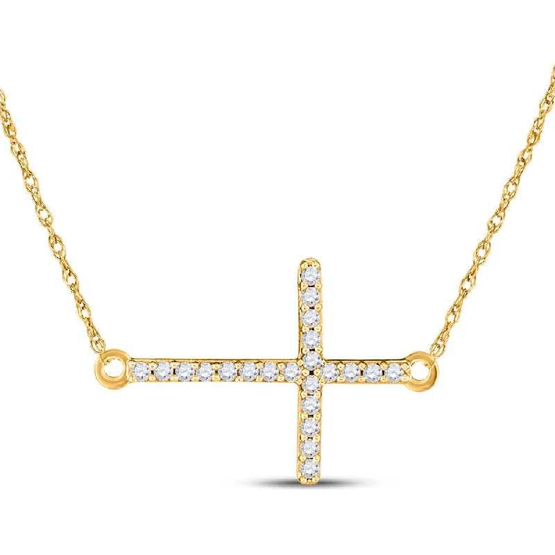 silver choker necklace with unique pendant-10kt Yellow Gold Womens Round Diamond Horizontal Cross Necklace 1/20 Cttw