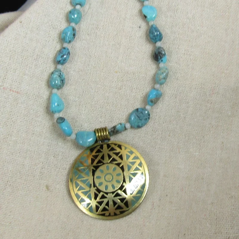 silver choker necklace with unique pendant-Turquoise Nugget Necklace with Medallion