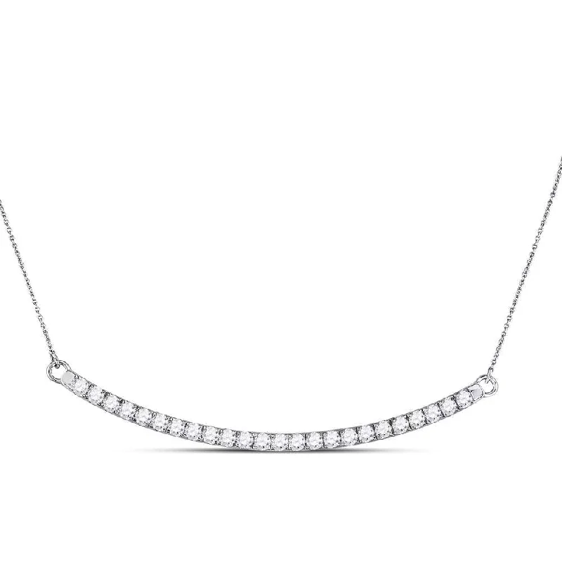 personalized silver necklace for best friends-14kt White Gold Womens Round Diamond Curved Single Row Bar Necklace 1 Cttw