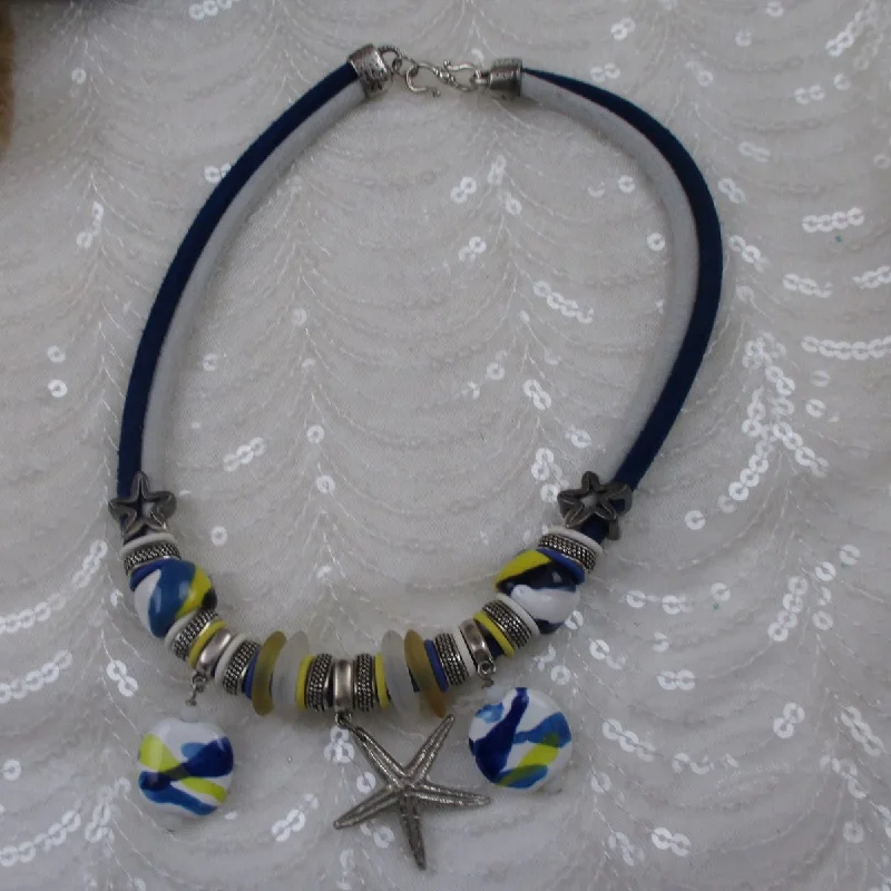 silver choker necklace for trendy style-Seaside Kazuri & Sea Glass Necklace Blue & White Leather