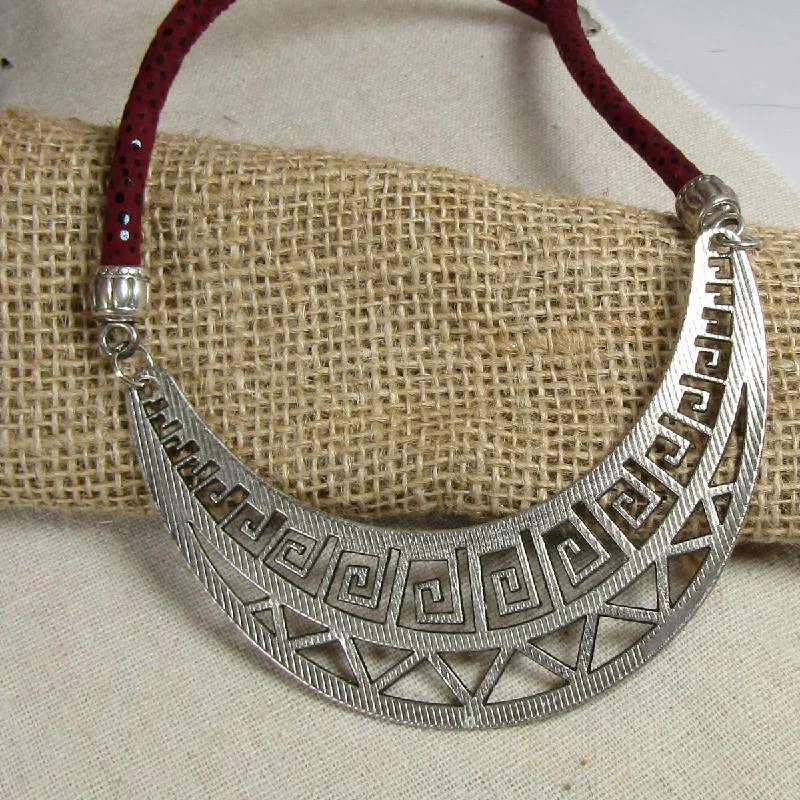 fashion gold coin necklace for women-Affordable Tribal Necklace Silver Statement Sparkly Maroon Cord