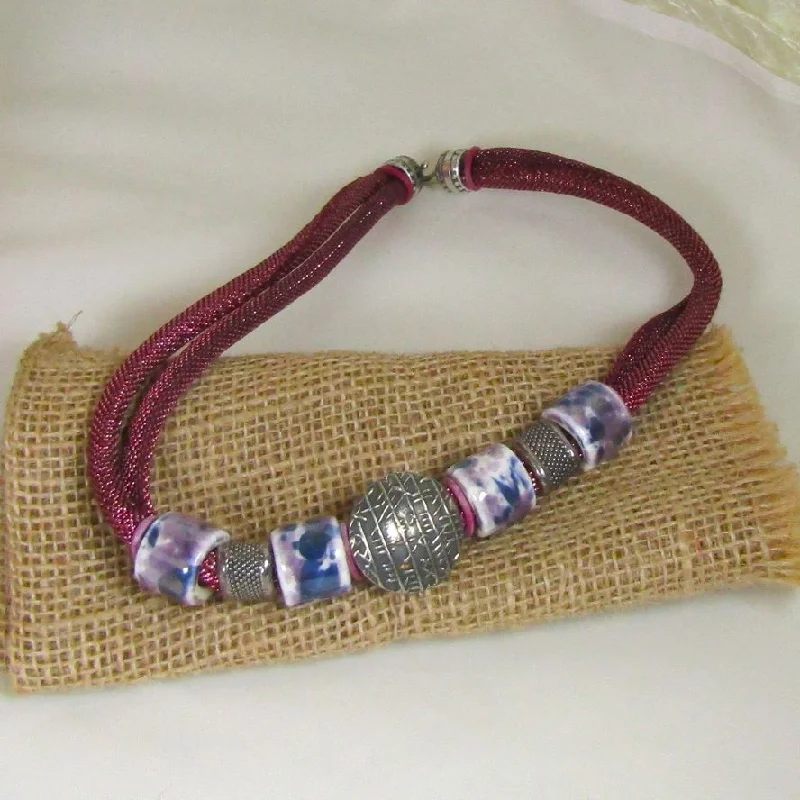 elegant diamond pendant necklace for special occasions-Maroon Metallic Cord  & Ceramic Handmade Necklace