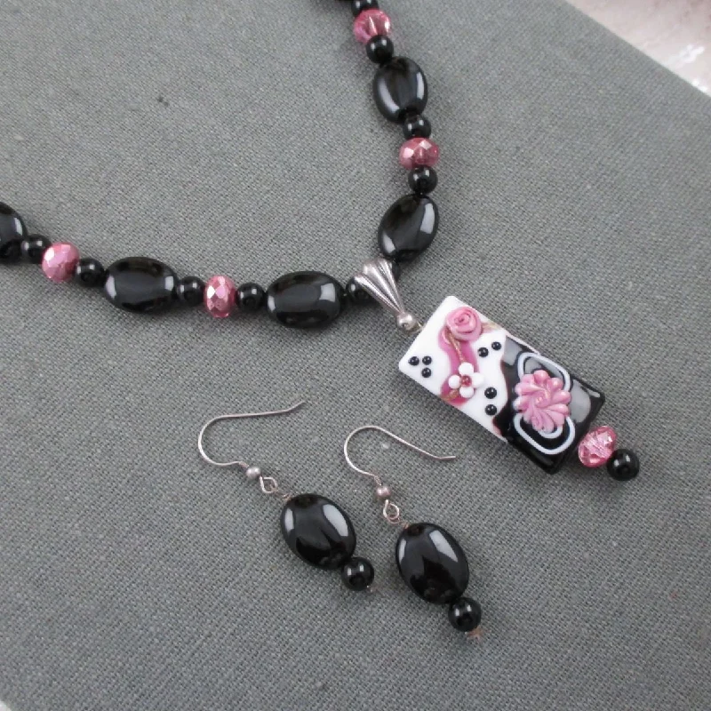 silver pendant necklace with gemstone for layering-Onyx Necklace with Handmade Black & Pink Pendant