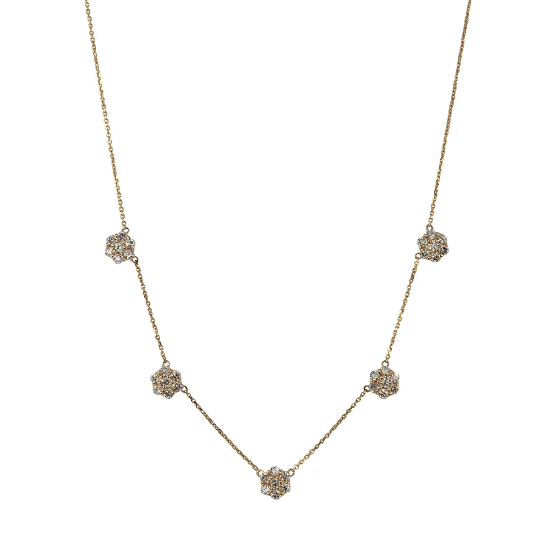 gold-plated charm necklace for casual wear-2ct Diamond Flower Cluster 5 Station 14K Yellow Gold Necklace