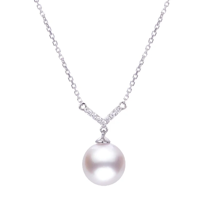 men’s sterling silver chain necklace for daily wear-8mm Akoya Pearl & Diamond V 14K White Gold Necklace