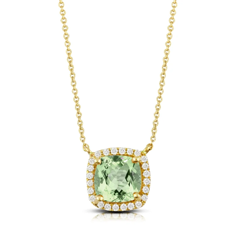 adjustable chain necklace for simple look-Cushion Green Amethyst & Diamond 18K Yellow Gold Necklace