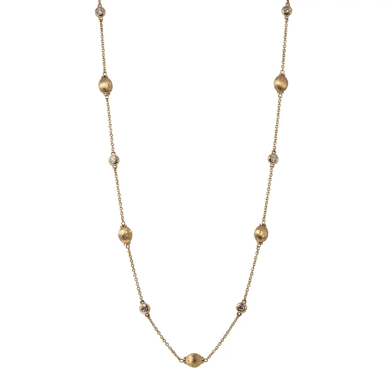 dainty silver charm necklace for layering-Diamond Bezel & Satin Bead Station 14K Yellow Gold Necklace