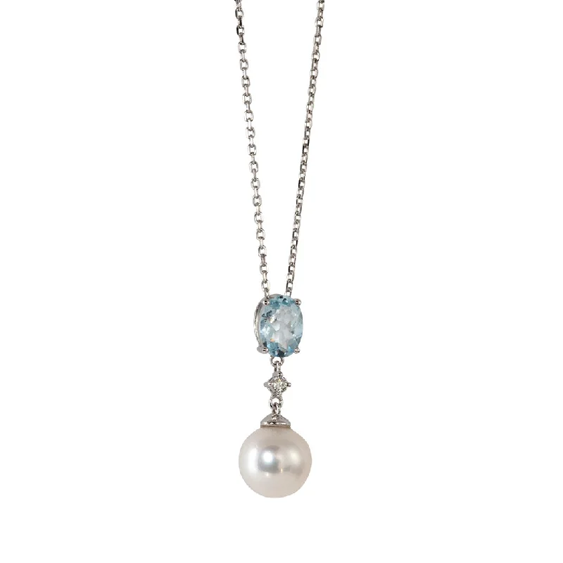 gold coin pendant necklace for spiritual healing-Freshwater Pearl, Aquamarine & Diamond 14K White Gold Necklace