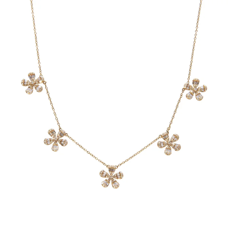 gold star pendant necklace for spiritual wear-Round & Baguette Diamond Flower 5 Station 14K Yellow Gold Necklace