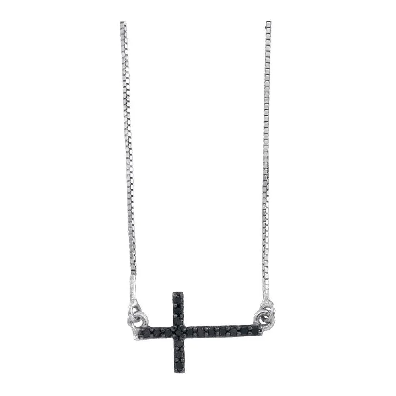 custom gemstone necklace with engraving-Sterling Silver Womens Round Black Color Enhanced Diamond Horizontal Cross Necklace 1/10 Cttw