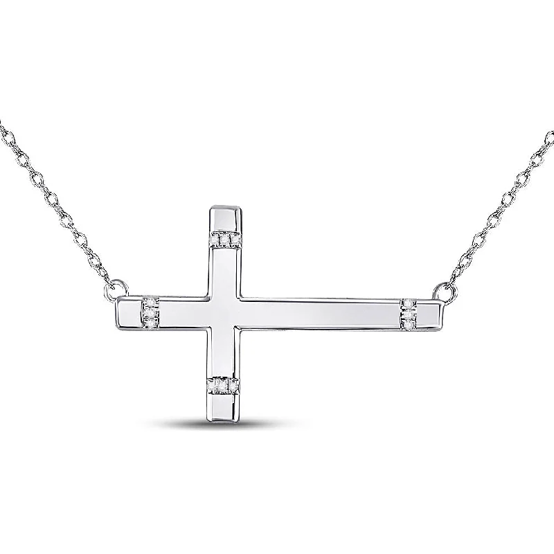 layered gold necklace with pendant for layering-Sterling Silver Womens Round Diamond Horizontal Cross Necklace 1/20 Cttw