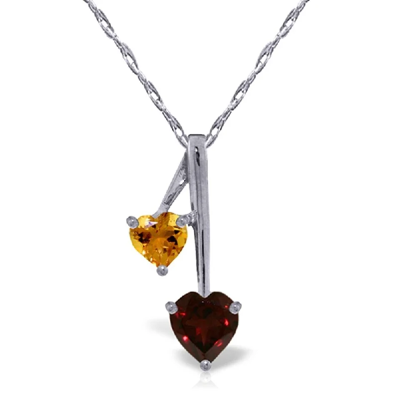 personalized silver necklace for birthdays-1.4 Carat 14K White Gold Hearts Necklace Natural Garnet Citrine