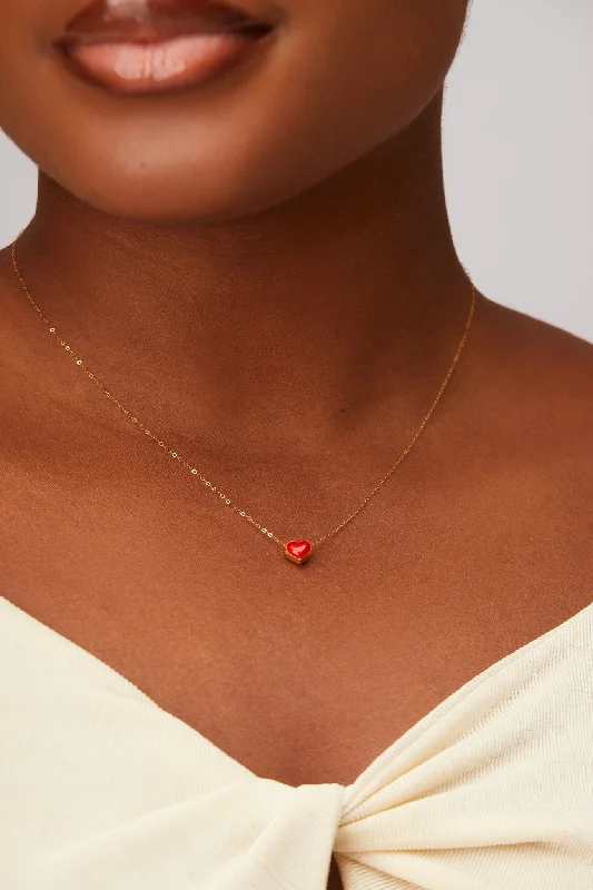 adjustable pearl necklace for layering-Mini Red Heart Necklace in 18K Gold