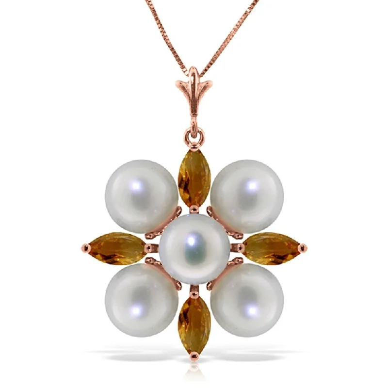 sterling silver pendant necklace for special occasions-6.3 CTW 14K Solid Rose Gold Snowflake pearl Citrine Necklace