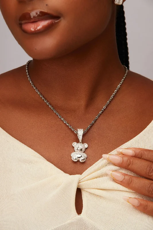 engraved pendant necklace for mother’s day-Aubrey Iced Out Moissanite Teddy Pendant in 925 Sterling Silver