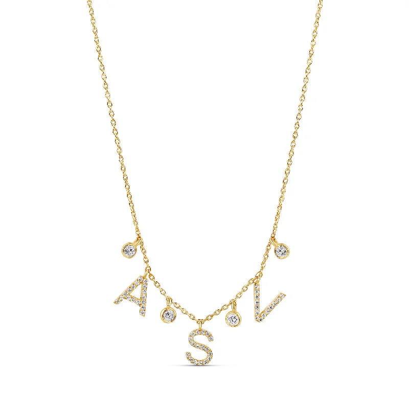 personalized gold pendant necklace for her-Diamond and Bezels Dangling Initials Necklace