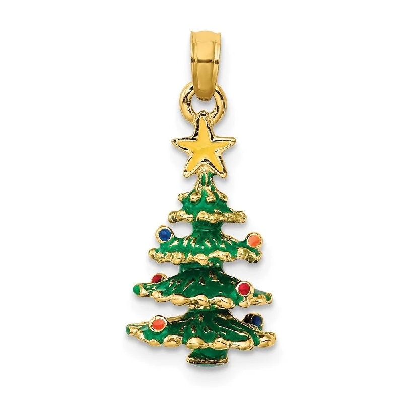 adjustable gemstone necklace for energy work-Diamond2Deal 14K Yellow Gold Enameled Christmas Tree Pendant (L- 21 mm, W- 10 mm)