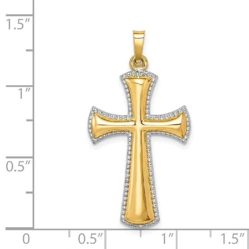 silver engraved pendant necklace for women-Diamond2Deal 14K Yellow Gold Hollow Polished with Rhodium Beaded Edge Cross Pendant (L- 1.4 Inch, W- 0.74 Inch)