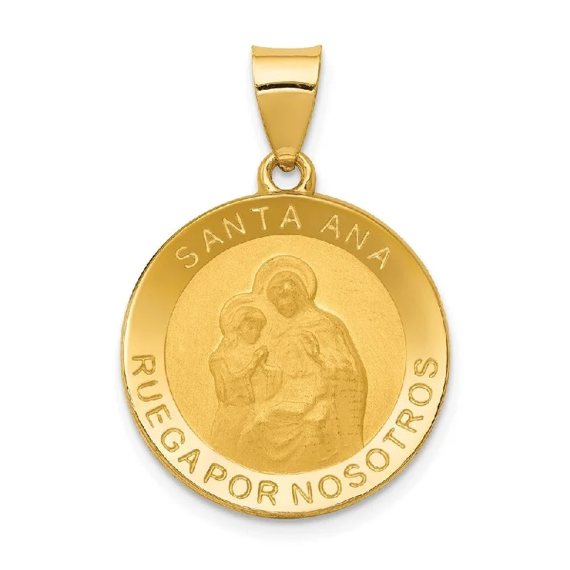 custom name necklace for fashion lovers-Diamond2Deal 14K Yellow Gold Polished Satin Hollow Spanish Saint Anne Medal Pendant (L- 28 mm, W- 19 mm)