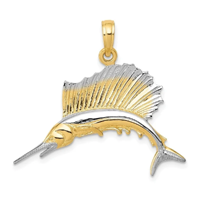 layered gold necklace with pendant for layering-Diamond2Deal 14K Yellow Gold Rhodium Plated Sailfish Pendant (L- 29 mm, W- 30 mm)