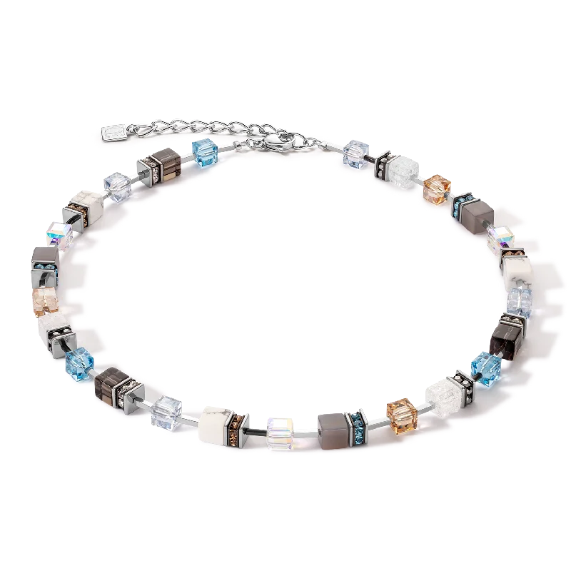 custom engraved silver necklace for her-GeoCUBE® Iconic Statement Precious necklace aqua-beige