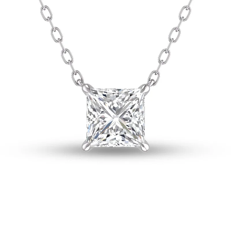 adjustable chain necklace for layering-Marquee Lab Grown 1/2 Carat Floating Princess Cut Diamond Solitaire Pendant in 14K White Gold