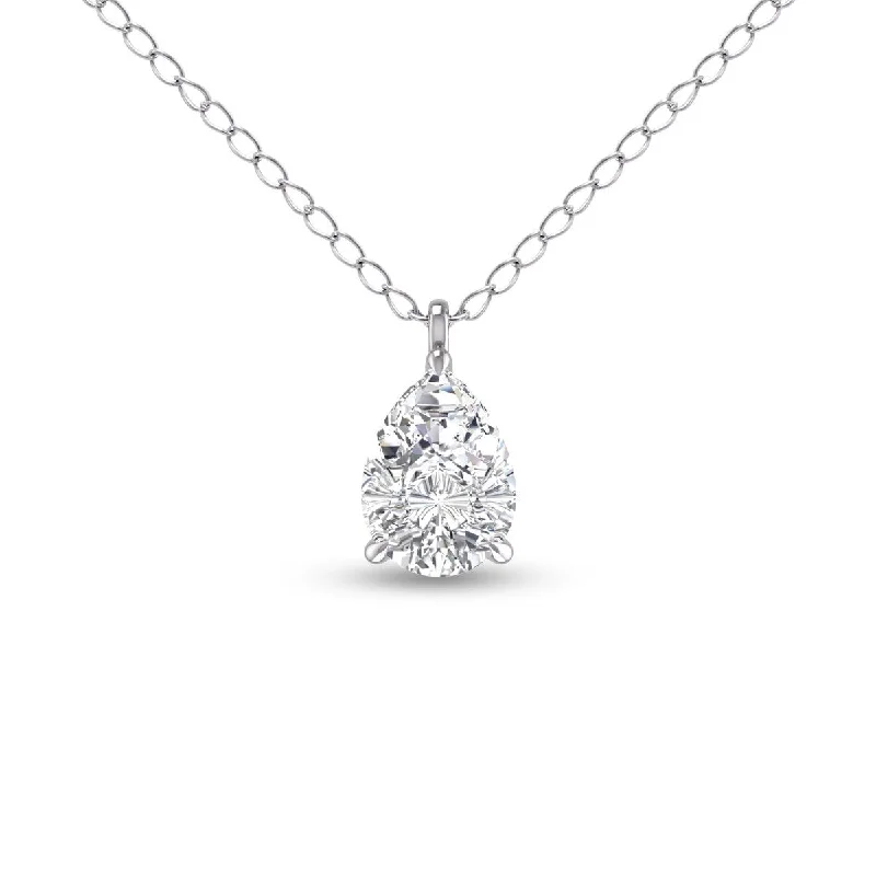 gold charm necklace with customized engraving-Marquee Lab Grown 1 Carat Pear Solitaire Diamond Pendant in 14K White Gold