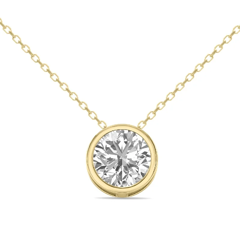 silver choker necklace with unique pendant-Marquee Lab Grown 1 Carat Round Solitaire Diamond Bezel Set Pendant in 14K Yellow Gold