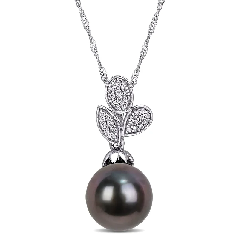 simple pearl pendant necklace for bridesmaids-Miadora 10k White Gold Black Tahitian Pearl & 1/10ct TDW Diamond Leaf Drop Necklace (9-9.5 mm)