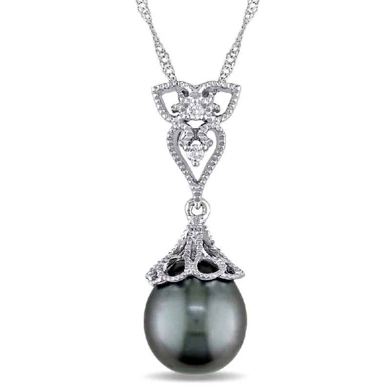 vintage silver cross necklace for men-Miadora 14k White Gold Black Tahitian Pearl and Diamond Accent Filigree Drop Necklace (9-9.5 mm)