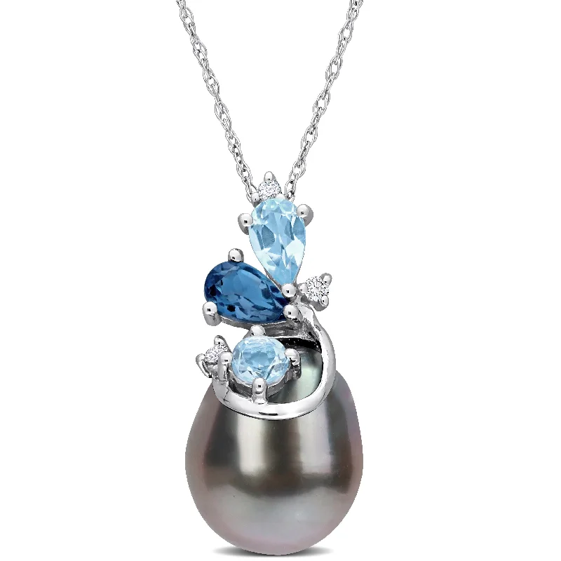 custom engraved pendant necklace for special gifts-Miadora Black Pearl, Sky Blue Topaz, London Blue Topaz & Diamond Accent Pendant in 14k White Gold