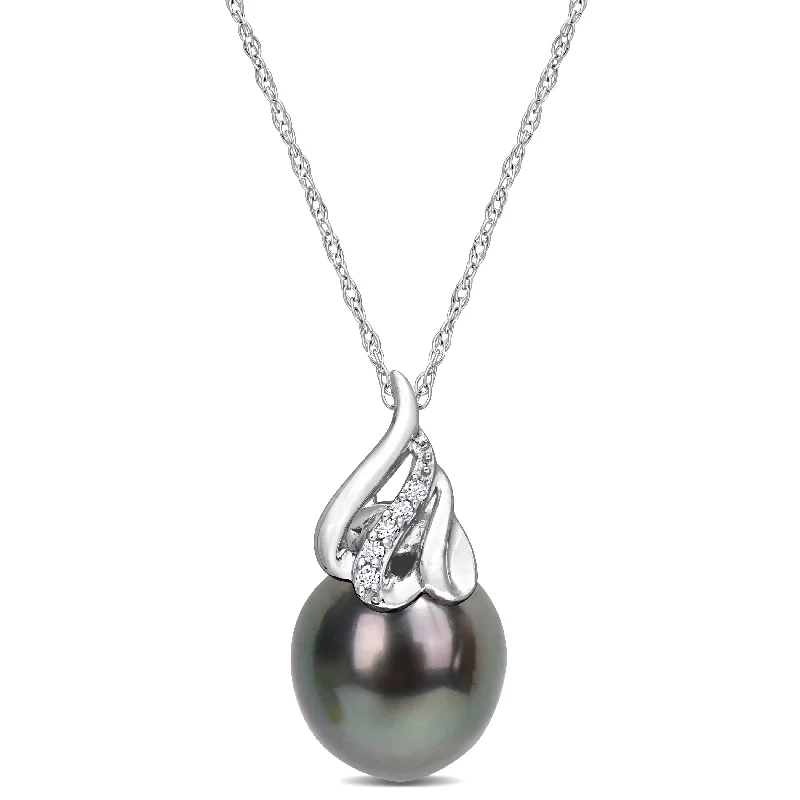 silver choker necklace with pendant for casual wear-Miadora Black Tahitian Cultured Pearl and Diamond Accent Swirl Pendant in 14k White Gold (9-10mm)