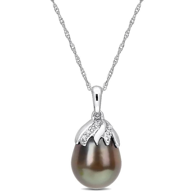 dainty silver charm necklace for layering-Miadora Black Tahitian Cultured Pearl & Diamond Accent Drop Necklace in 14k White Gold (9-10mm)