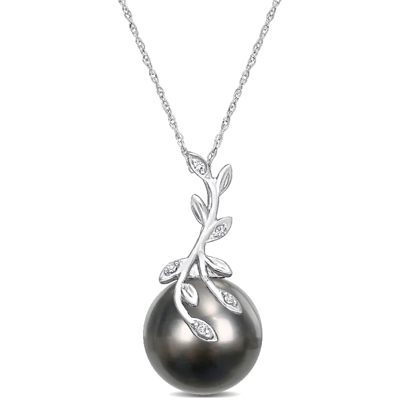 custom birthstone pendant necklace for women-Miadora Black Tahitian Cultured Pearl & Diamond Accent Leaf Pendant in 14k White Gold (12-12.5mm)