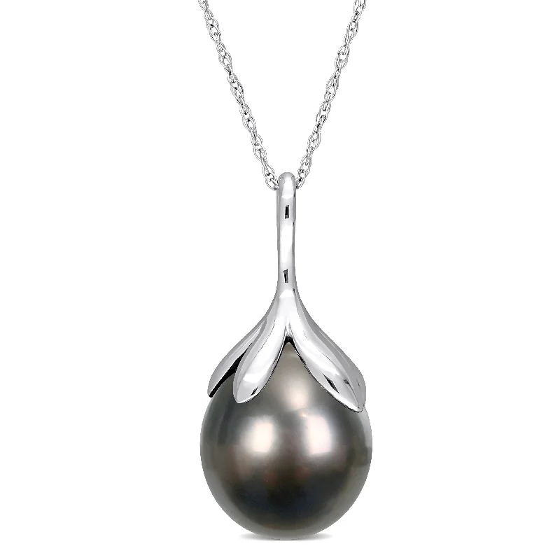 custom name charm necklace for bridesmaids-Miadora Black Tahitian Cultured Pearl Pendant in 14k White Gold (10-11mm)