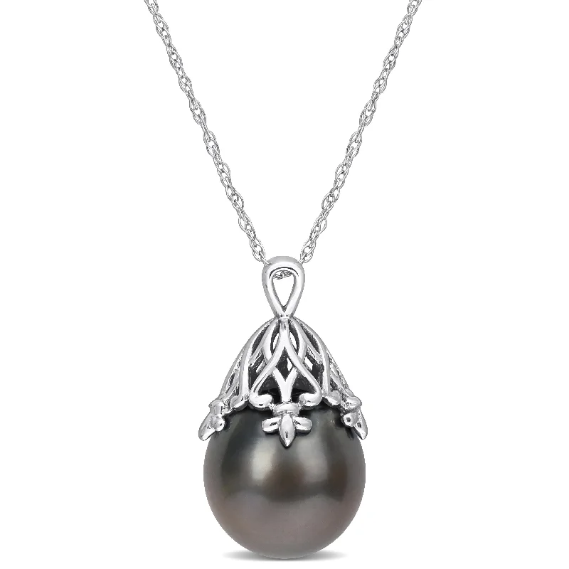 personalized diamond heart necklace for her-Miadora Black Tahitian Cultured Pearl Pendant in 14k White Gold (9-10mm)