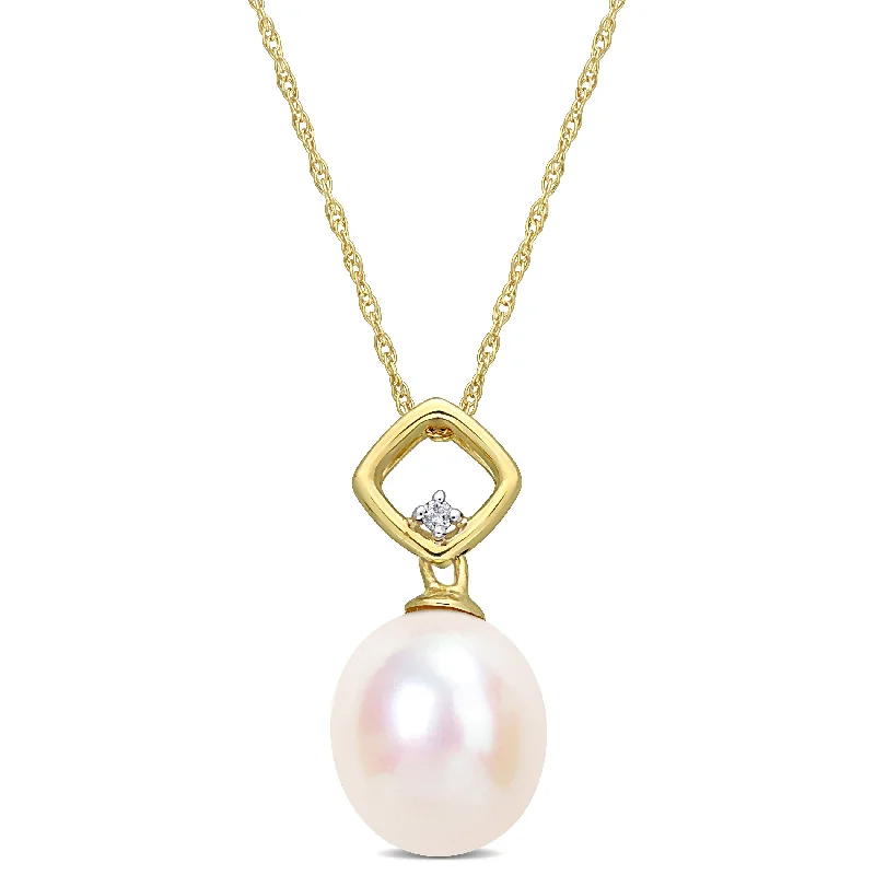 custom engraved pendant necklace for anniversary-Miadora Diamond Accent 9-9.5mm White Freshwater Cultured Pearl Fashion Pendant with Chain 10k Yellow Gold