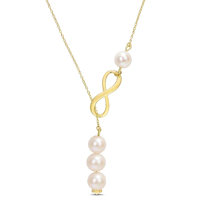 custom birthstone pendant necklace for bridesmaids-Miadora Freshwater Cultured Pearl Infinity Lariat Necklace in 18k Yellow Gold Plated Sterling Silver