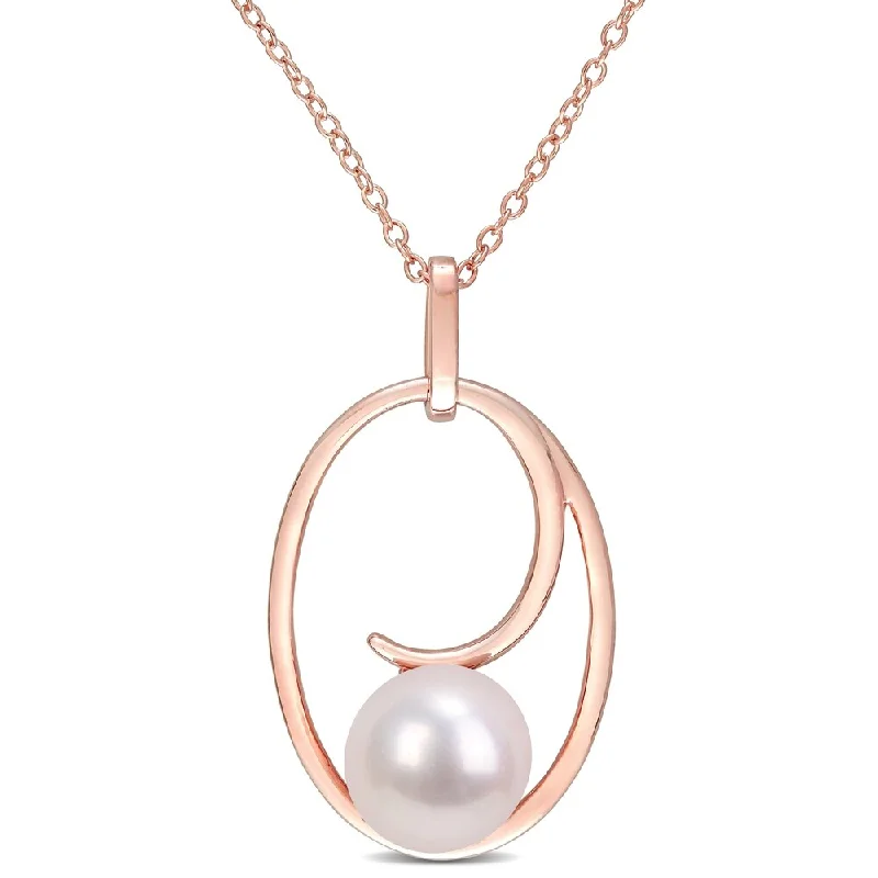 silver heart locket necklace for romantic gifts-Miadora Rose Plated Sterling Silver Cultured FW Pearl Solitaire Oval Hoop Necklace (9-10 mm)