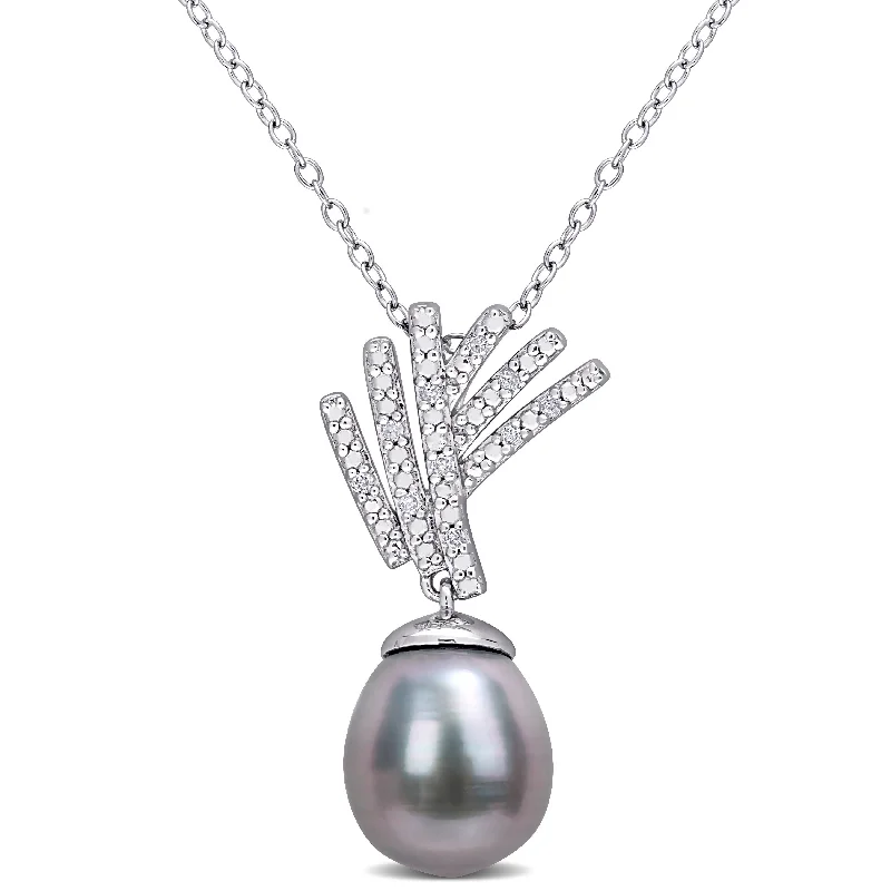 delicate chain necklace with gemstone charm-Miadora Tahitian Cultured Pearl & Diamond Accent Drop Necklace in Sterling Silver (9.5-10mm)