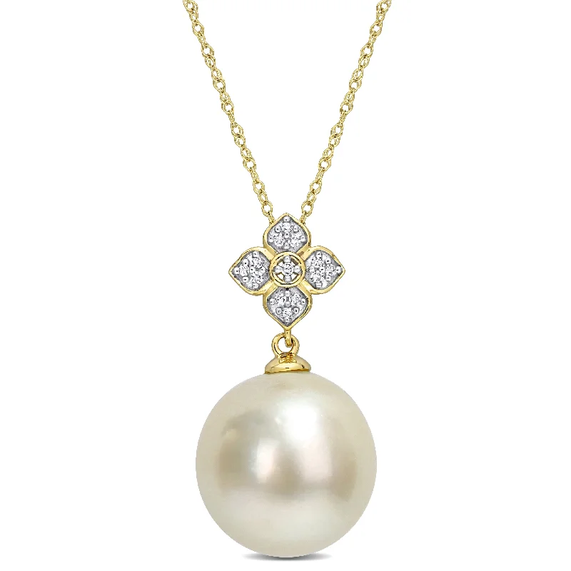 gold heart pendant necklace for romantic gifts-Miadora White South Sea Cultured Pearl and Diamond Accent Pendant in 10k Yellow Gold (13-13.5mm)