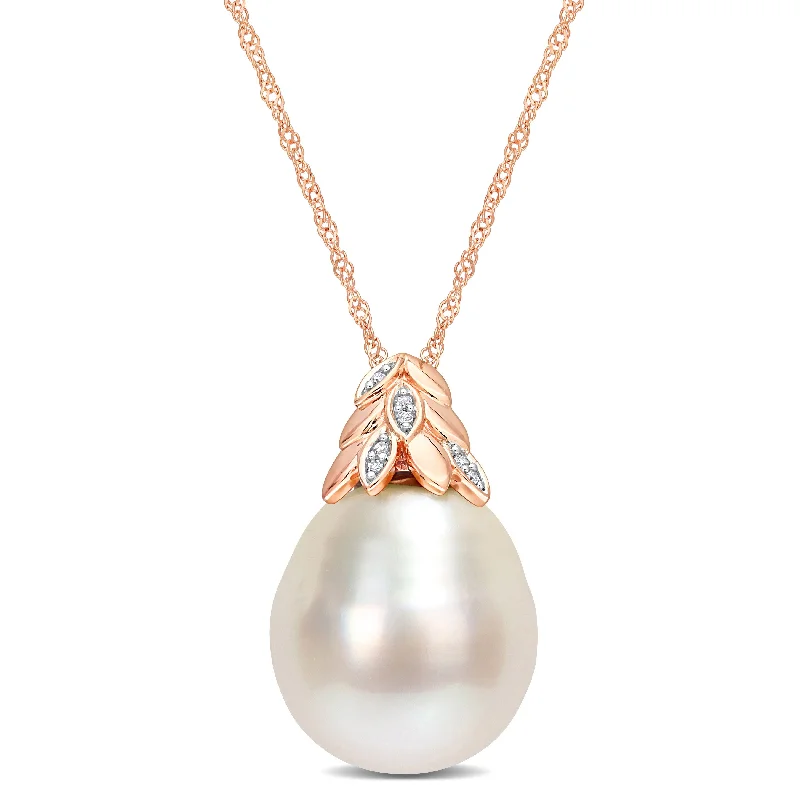 custom gemstone pendant necklace with engraving-Miadora White South Sea Cultured Pearl & Diamond Accent Pendant in 14k Rose Gold (14-14.5mm)