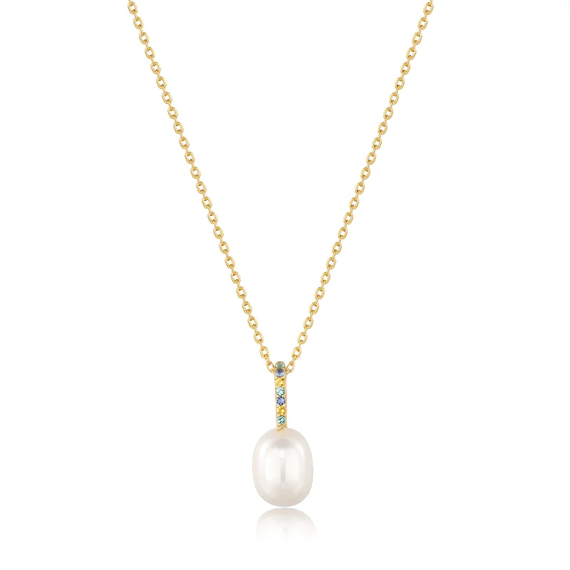 celestial pendant necklace for astrology lovers-Gold Gem Pearl Drop Pendant Necklace